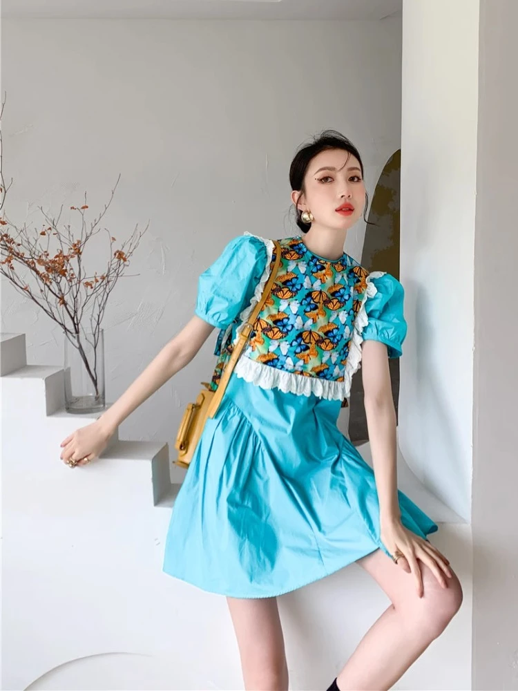 

Korobov Vintage Gentle Bubble Sleeves Hollowed-out Long Dress Lace-up Short Dress Fold Design Female Vestidos Summer Niche Skirt