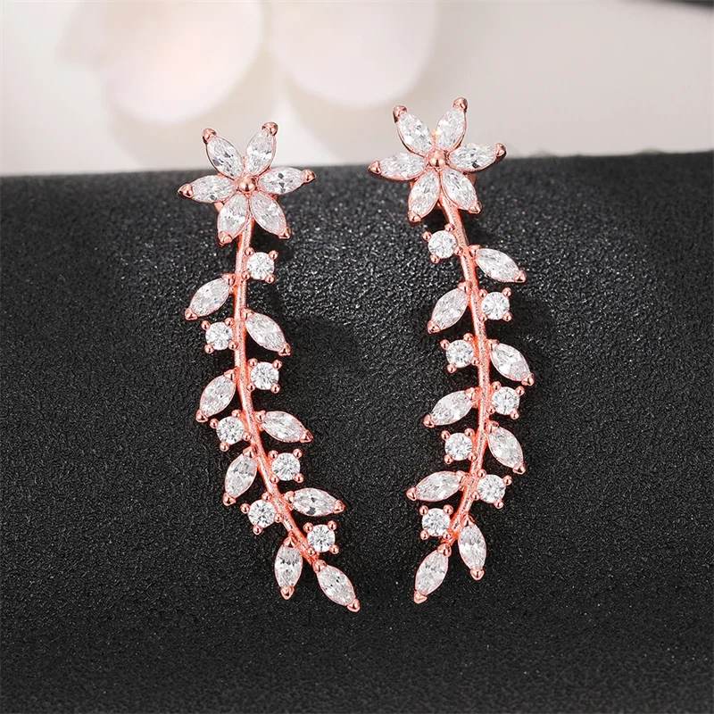Huitan Aesthetic Flower Stud Earrings Climb Ear Earrings Exquisite Women\'s Ear Accessories with Dazzling CZ New Fashion Jewelry