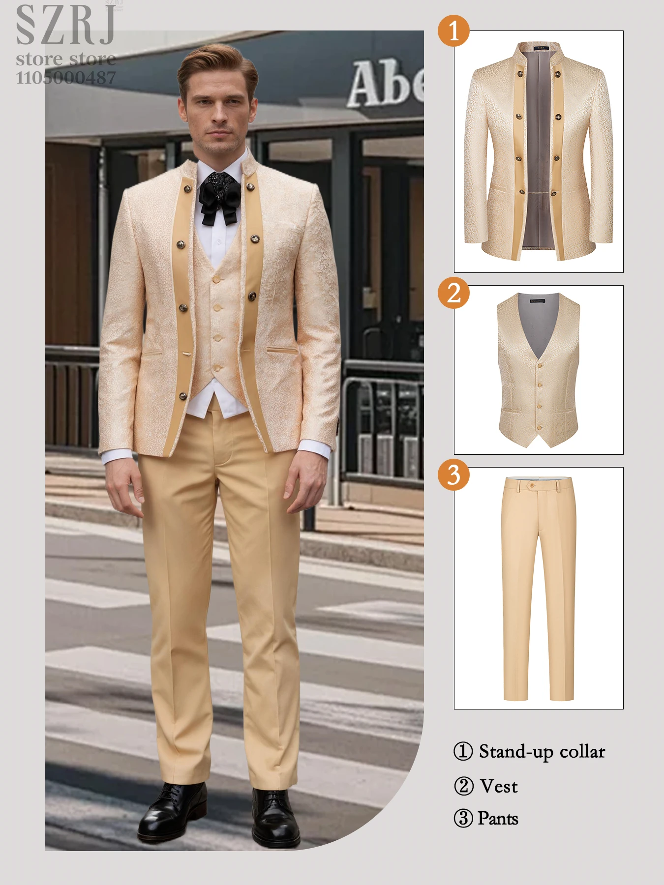 Traje de esmoquin floral de 3 piezas para hombre: cuello alto, chaleco y pantalones cruzados - Boda/fiesta/rendimiento