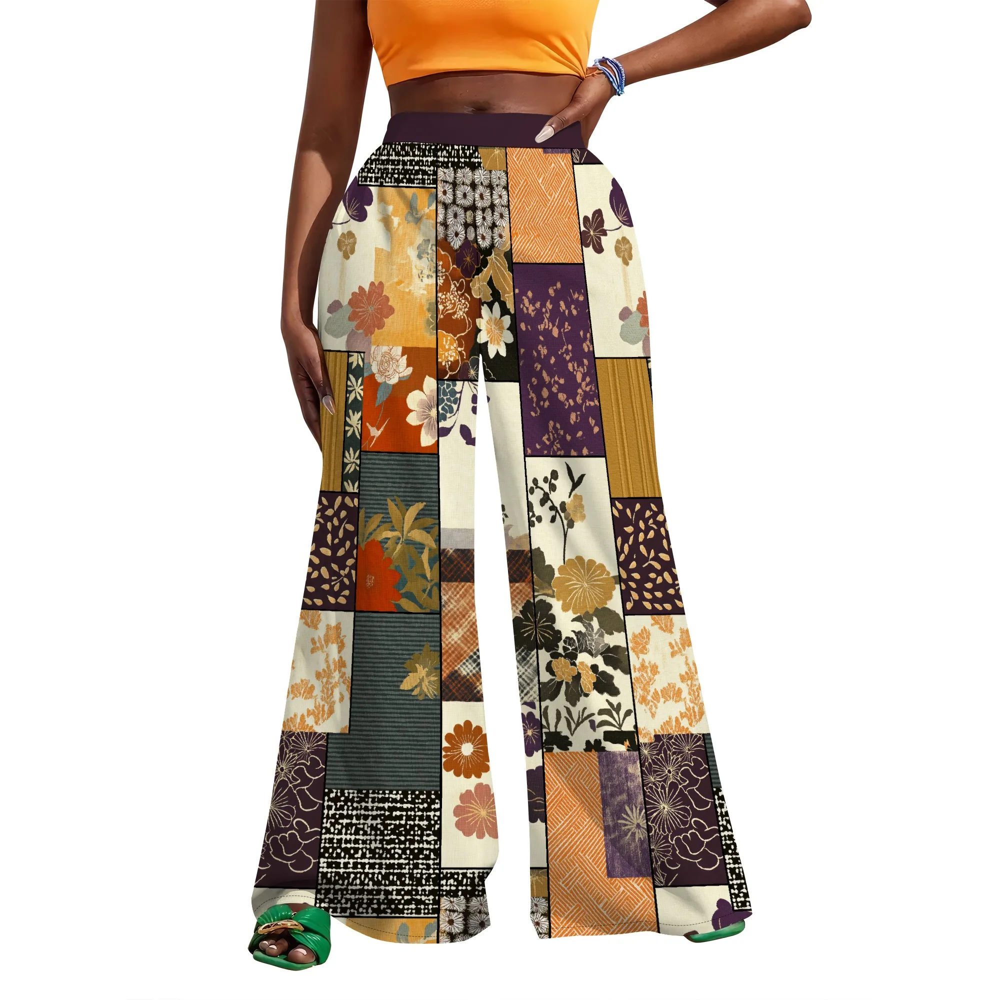 Women’s High Waist Wide Leg Pants Rainbow Paint Print Summer Streetwear Casual Trousers