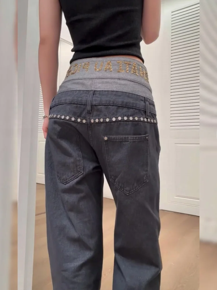 

Джинсы в американском стиле с золотым шрифтом, женские, летние, новые, с двойным поясом, пэчворк, длина в пол