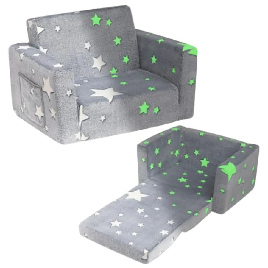 

2-in-1 Toddler Fold Out Couch Comfy Convertible Sofa to Lounger Glow-in-The-Dark Pattern Foam Seat for Little Ones with Removab