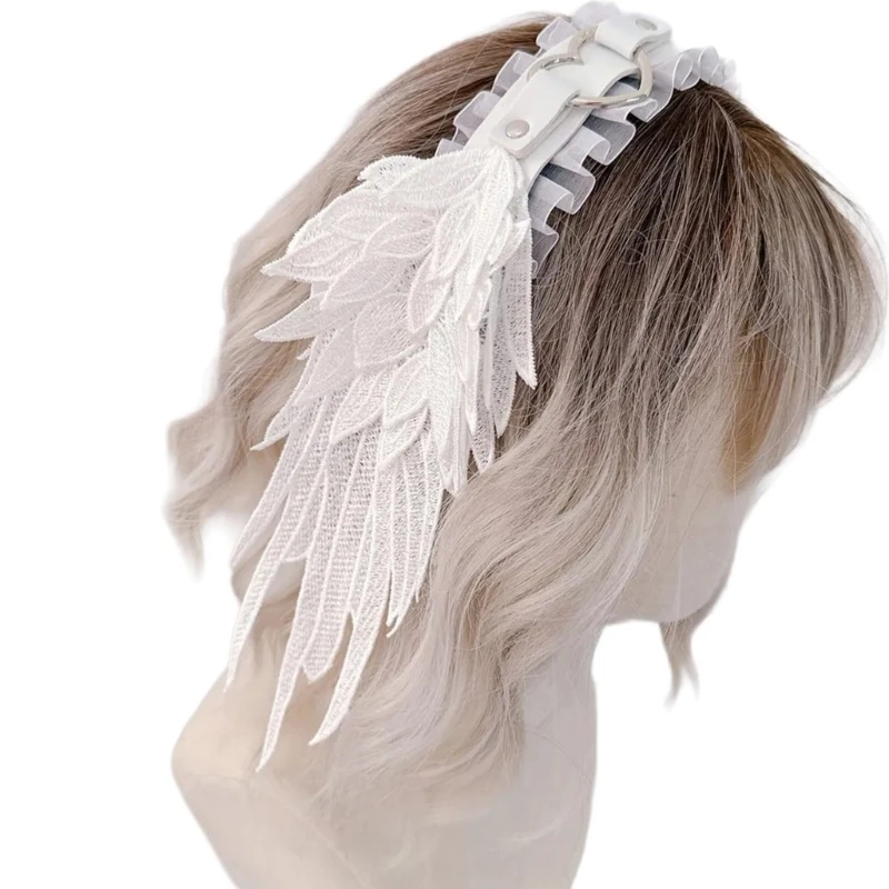 Diadema con cinturón con hebilla de corazón y ala de Ángel gótica de Lolita, diadema de encaje para Cosplay de sirvienta de Anime japonés, aro para el pelo para fiesta y juego de rol para mujer