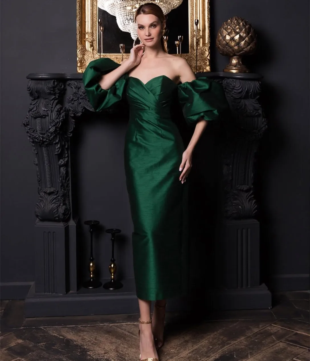 

Customized Short Green Evening Dresses with Slit Mermaid Taffeta Strapless حزب اللباس Ankle Length Prom Dresses for Women