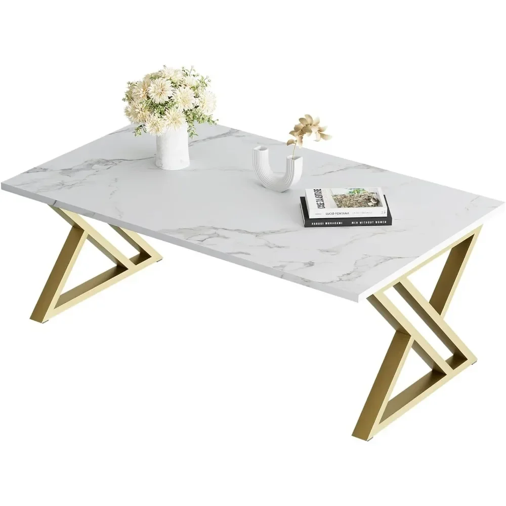 Table basse rectangulaire en faux marbre blanc, table centrale simple et moderne, pour le salon