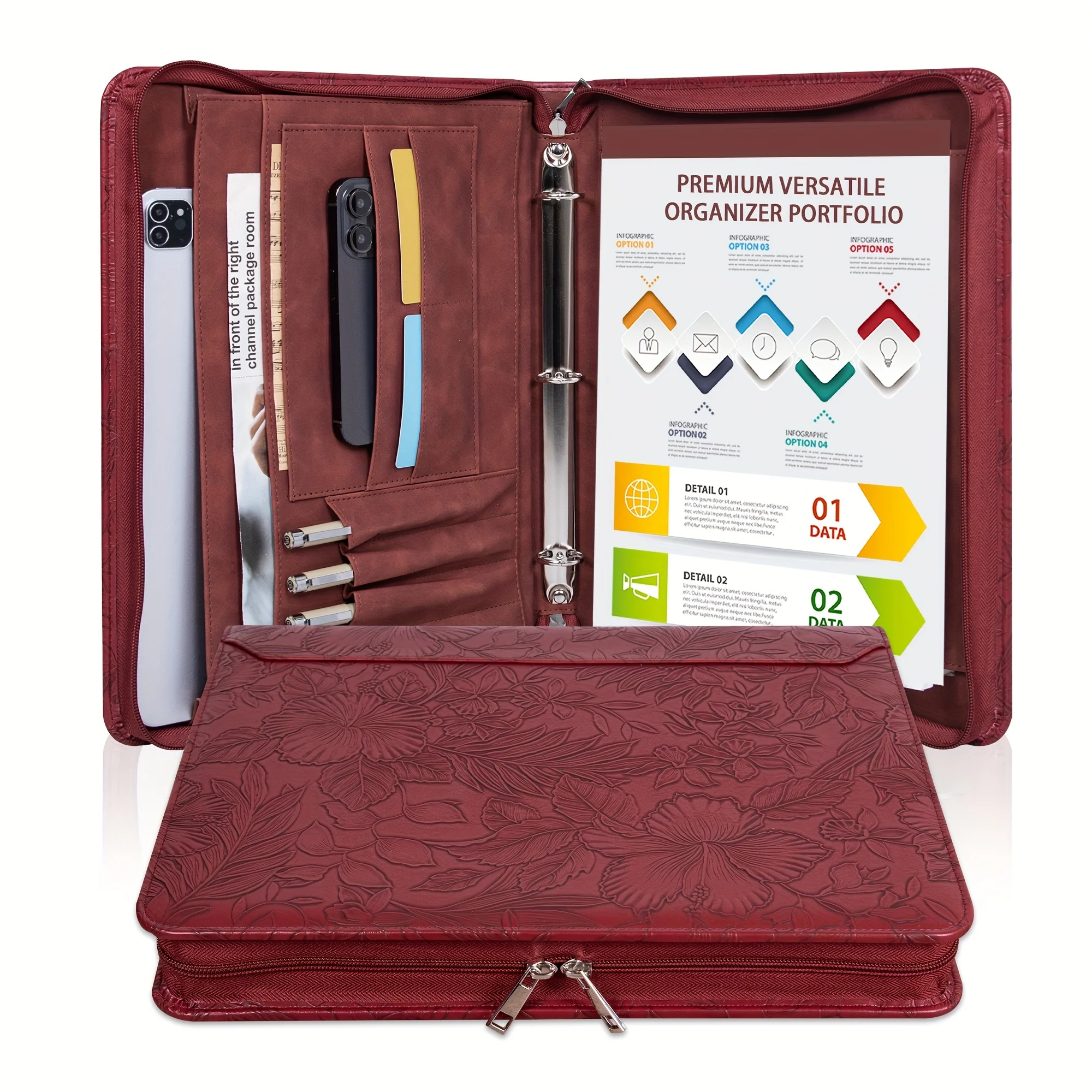 

Pink Vegan Leather Padfolio, A4 3-Ring Binder with Zipper & Laptop Pocket. Perfect Gift for Women!