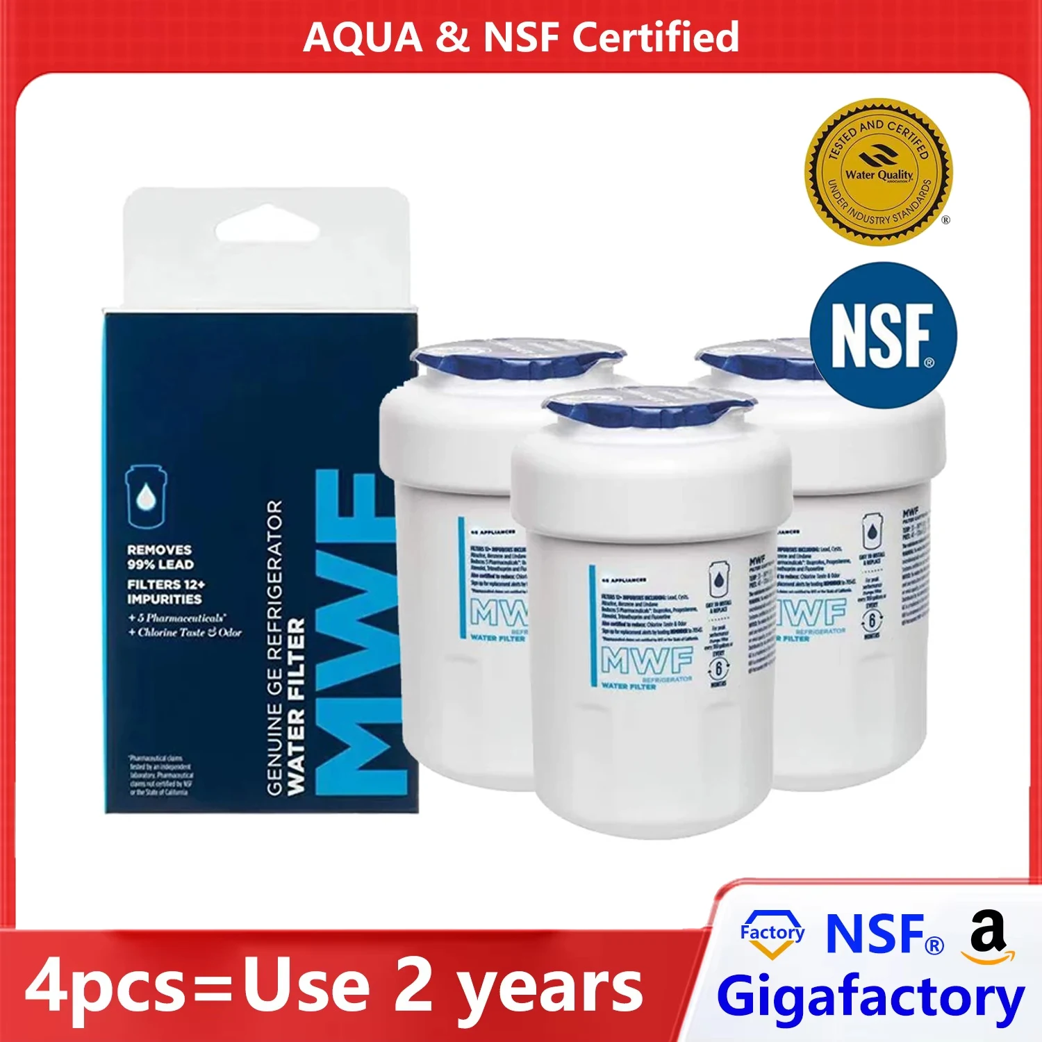 NSF Certified Brand Water Filter for Refrigerator, Genuine GE MWF, MWFP, MWFA, GWF, HDX, FMG-1, WFC1201, GSE25GSHECSS, PC75009