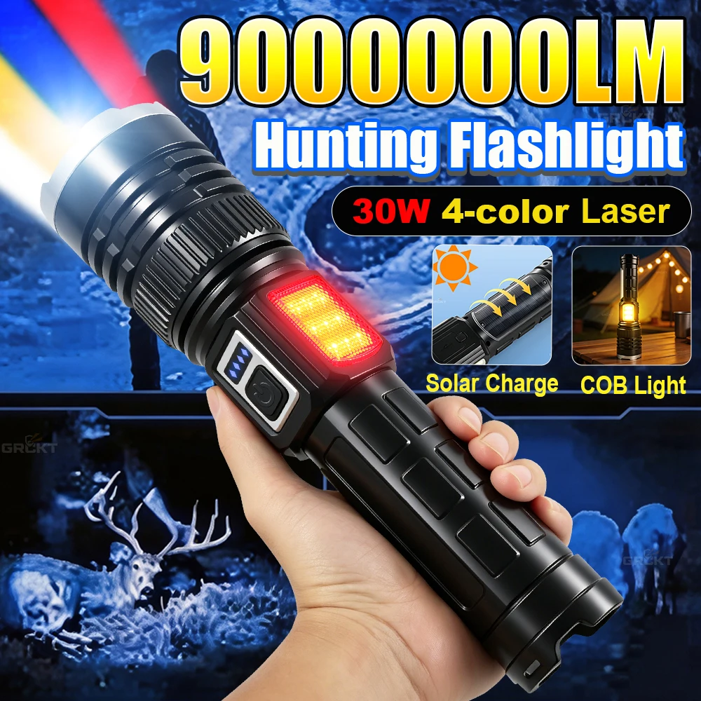 Hunting Flashlight Long Range 18650 Zoom Rechargeable Torch USB C Blue Light Solar Charge Lantern For Outdoor Hunting Spotlights