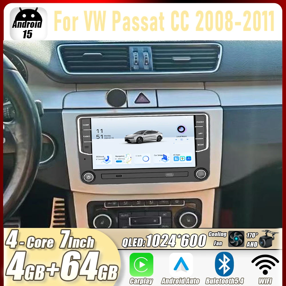 

4GB+64GB 7" For VW Passat B7/3C 2010-2014 Car Stereo Radio CarPlay Android15 Auto Head Unit GPS 4G+WIFI Navi Multimedia Player