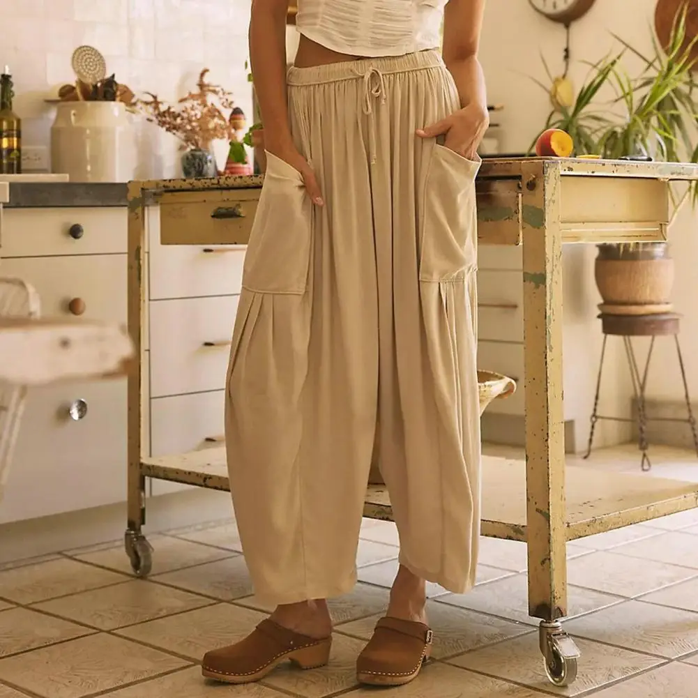 Zomerbroek Dames Wijde pijpen Broek Stijlvolle dames wijde pijpen geplooide broek met elastische taille Trekkoord Enkel voor comfort