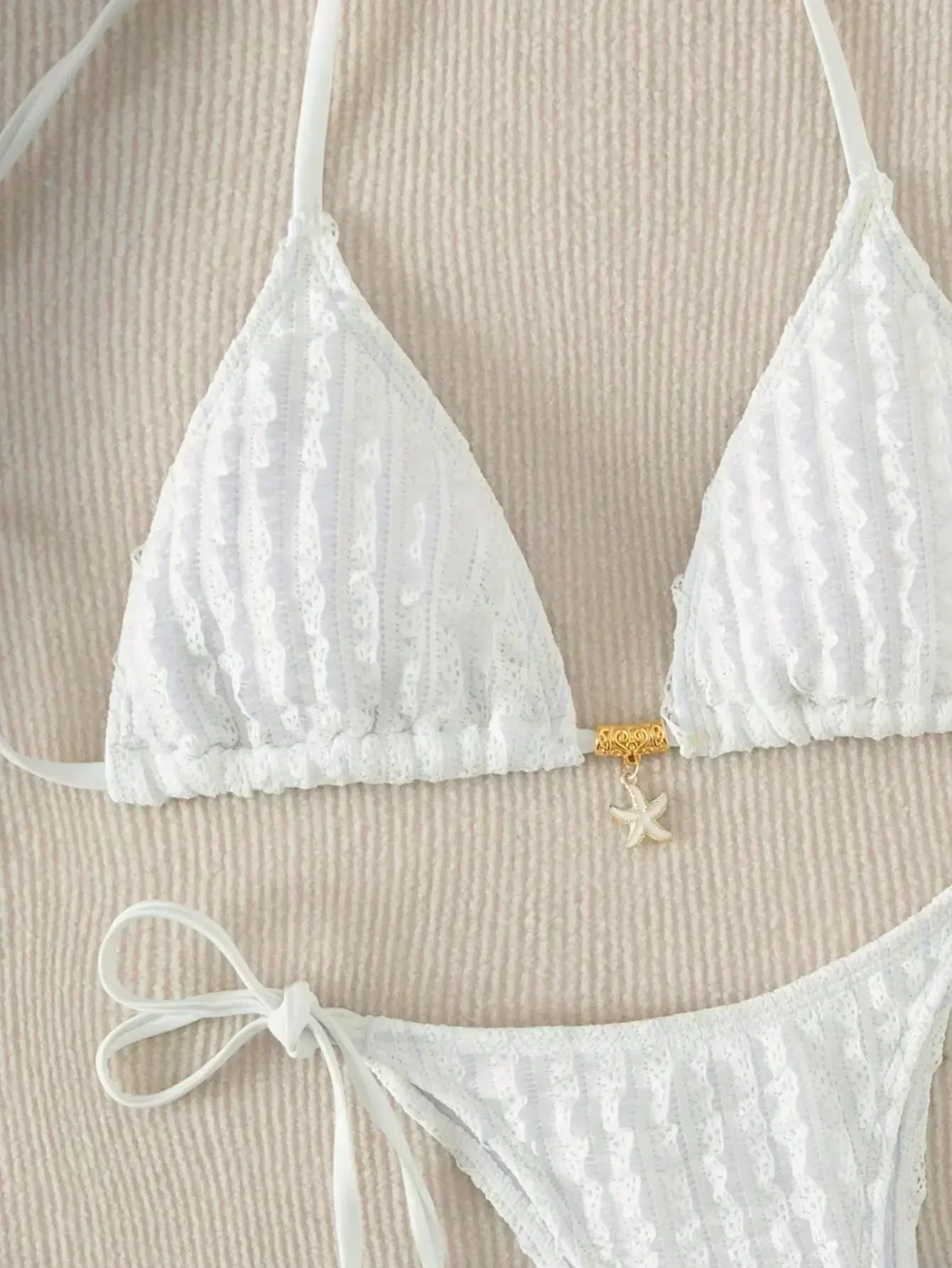 Sexy witte bikini 2025, dames halter kant push-up metalen designer micro-badpak Braziliaans badpak stropdas zijkant string badmode