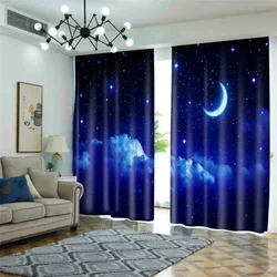 Blue Night Moon Cloud Galaxy Shine Stars Starry Window Curtain For Living Room Kids Bedroom Bathroom Kicthen Door Home Decor2Pcs