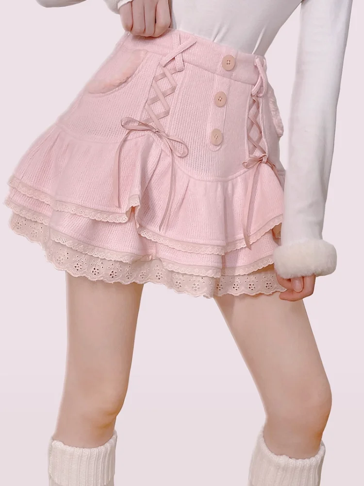 Japanese Kawaii Lolita Mini Skirt Women Winter Lace Casual Elegant Sweet Female Skirt High Waist Bandage Korean Skirt 2024 New