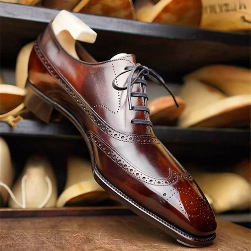 Brogue Shoes Oxfords Derby All Brown Pu Lace-up Business Shoes for Men with   Chaussures Pour Hommes