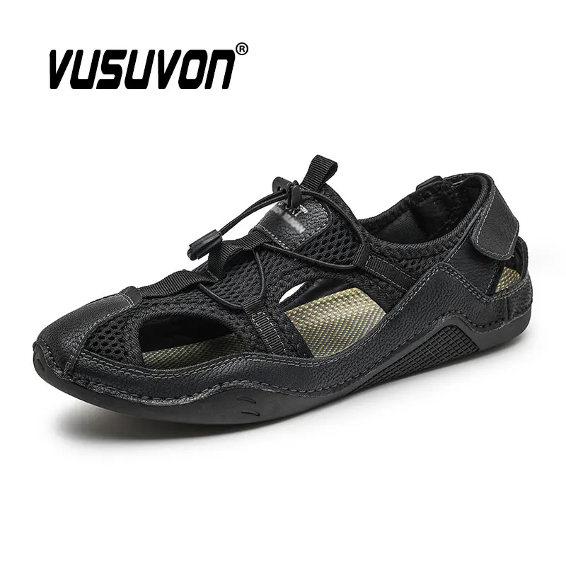 Men's Sandals 2022 Summer Beach Genuine Leather & Mesh Shoes New Casual Flip Flops Slippers for Boys Leisure Fashion Black Flats