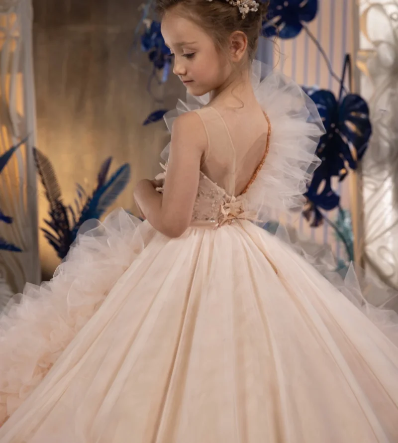 Robe de demoiselle d'honneur pour mariage, couleur champagne, en tulle pelucheux, tenue de fête de première communion, 2024