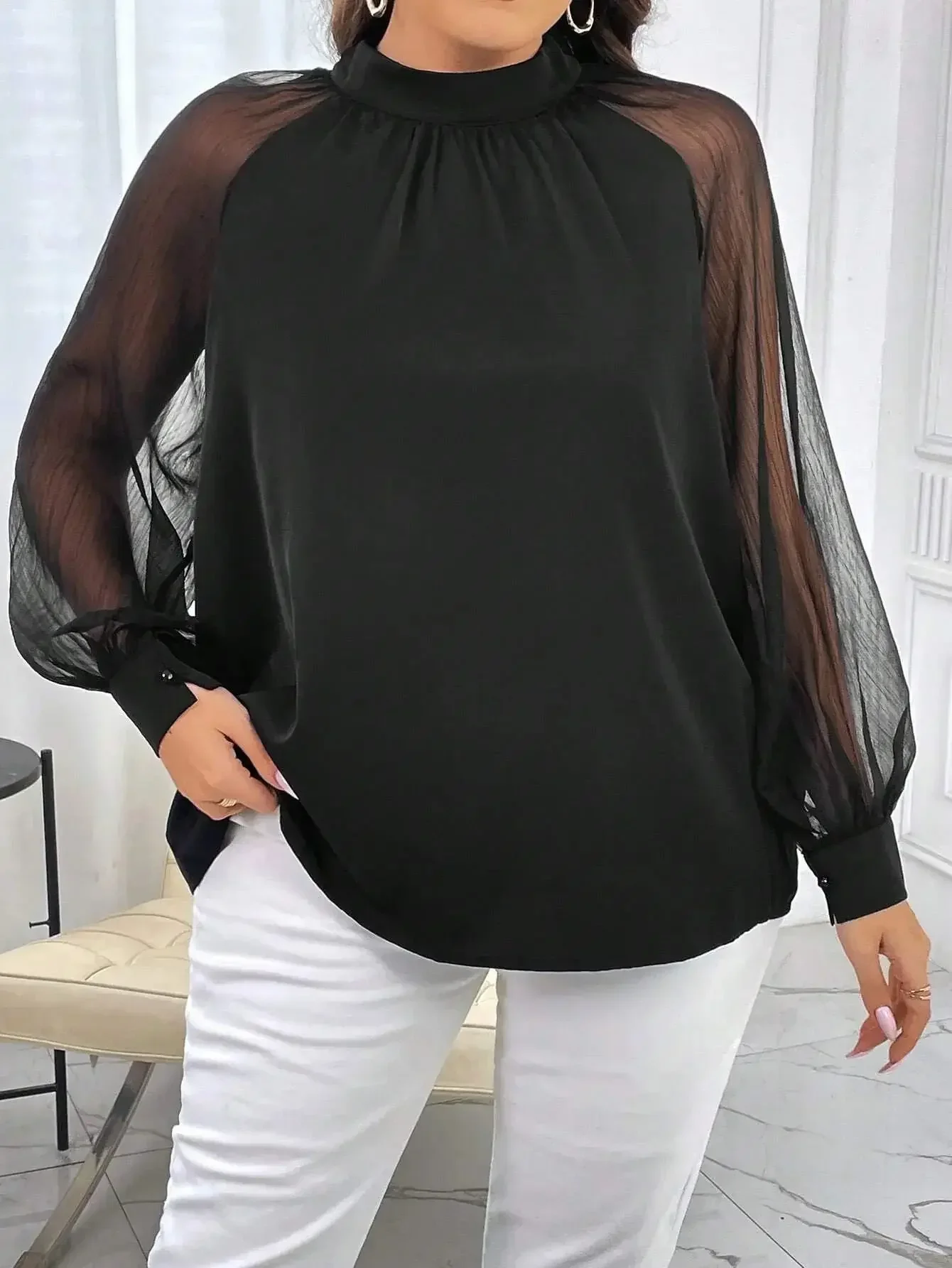 Plus rozmiar 1XL-5XL damska elegancka, solidna, półprzezroczysta siateczka raglanowy rękaw Mock Neck Temperament dojazdy do pracy bluzka z rękawami