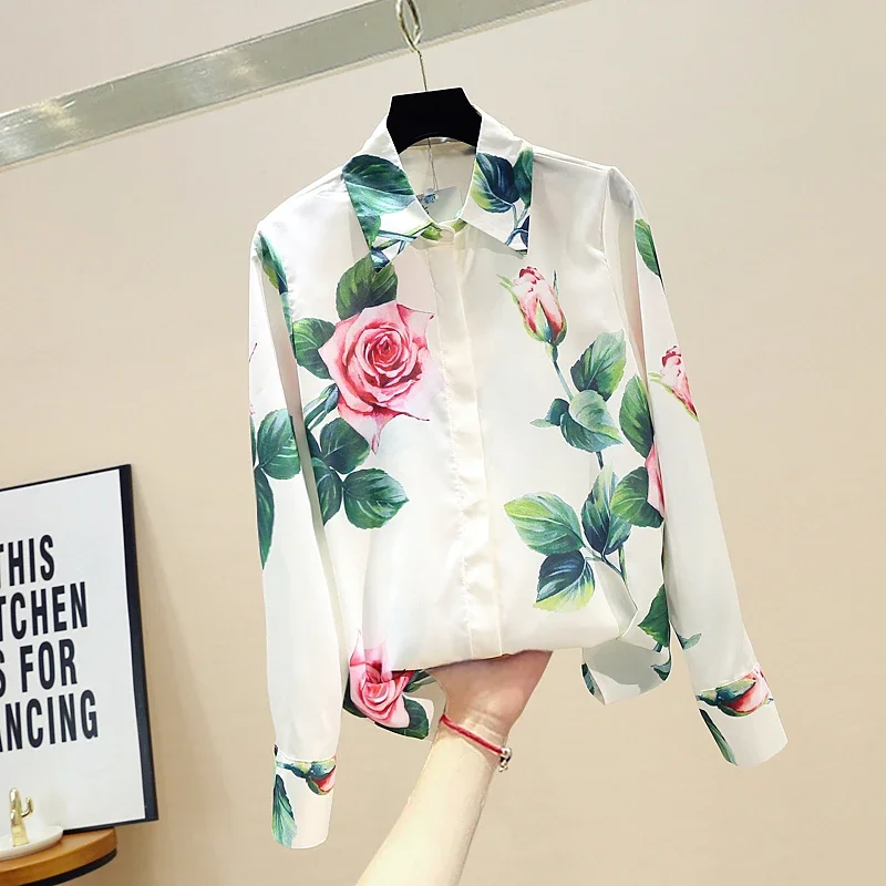 Spring Autumn Women\'s Long-sleeved Blouse Rose Flower Shirt New Fashion All-match Printed Tops Blouse Female HH564