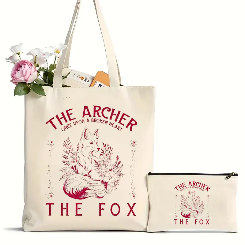 2Pcs Once Upon A Broken Heart The Archer And The Fox Pattern Tote Bag, Canvas Shoulder Bag For Travel Daily Commute Women