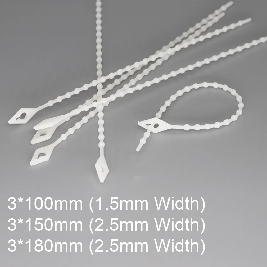 3*100/150/180mm 1.5/2.5mm Width White Nylon Plastic Reusable Releasable Wire Fastener Loop Beaded Knot Ball Zip Ties Cable Tie