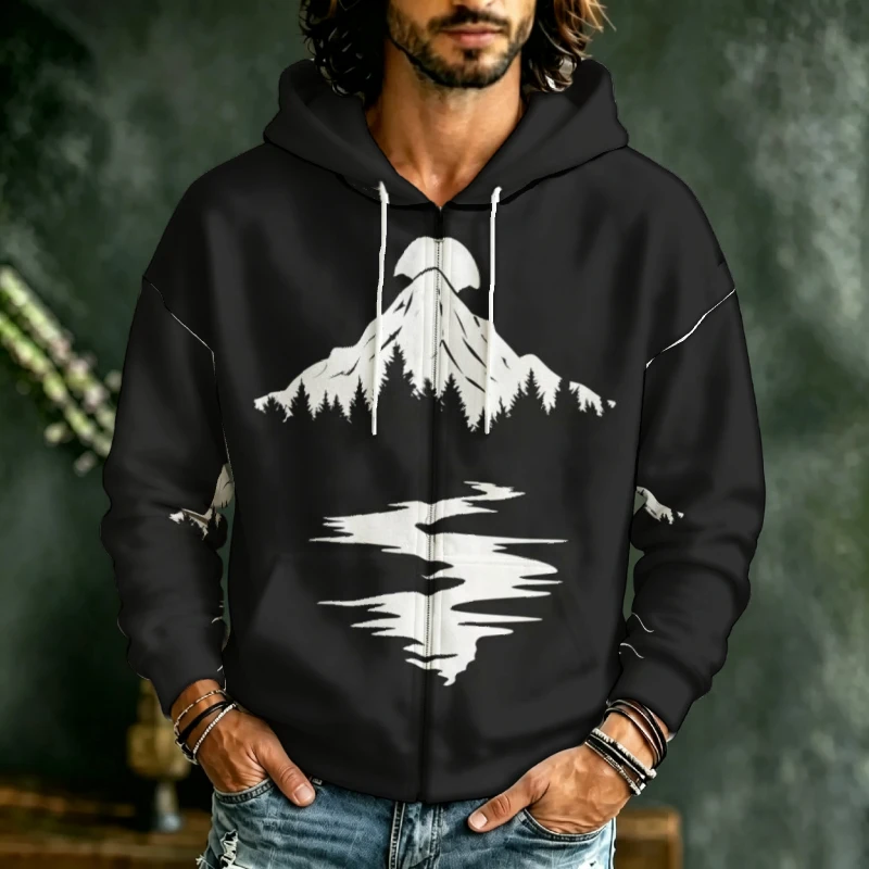 Men Zip Hooded Sweatshirt 3D Abstract Geometric Mountain Nature Landscape Print Drawstring Casual Outer Garment For Male