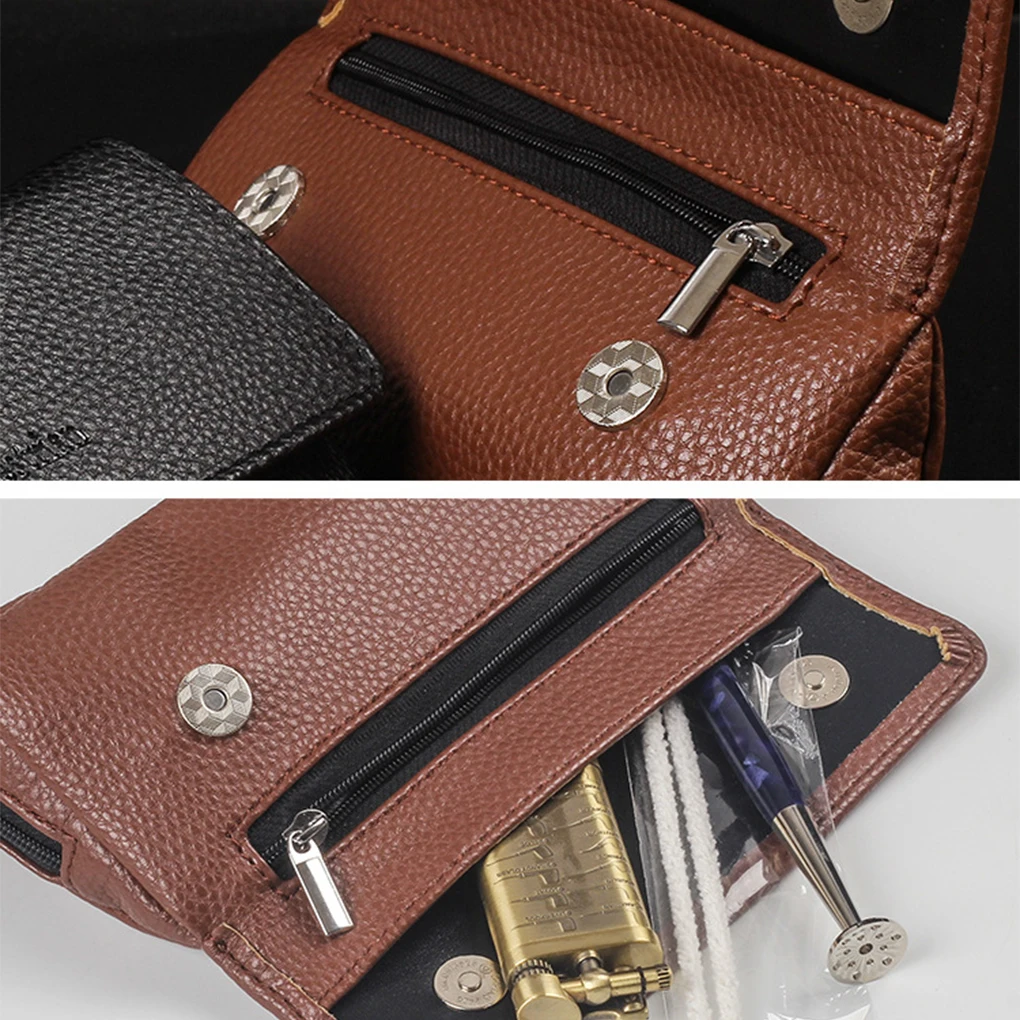 Stylish Compact Size Leather Tobacco Pouch Case With 2 Pipe Holder Pocket Multi-purpose Easy-to-