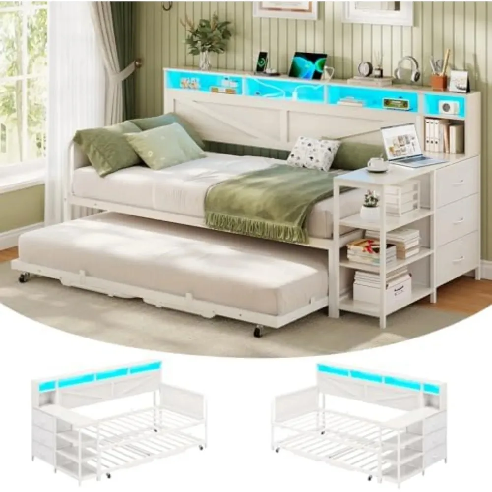 HOT Daybed Twin with Pop Up Trundle, Farmhouse Wooden Day Bed Frame with 3 Storage Drawers and Shelves, Twin to King Daybed