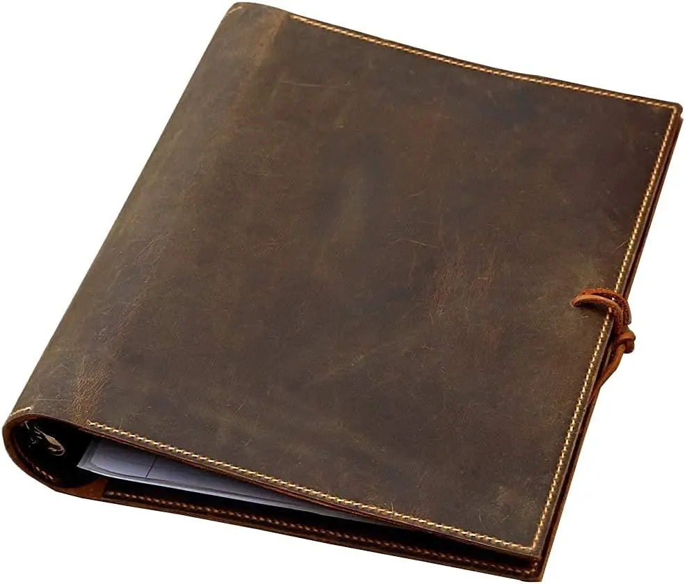 

Vintage Leather 2 Inch 3 Ring Binder Portfolio Organizer, Hard Cover Letter Size Notepad Document Folder