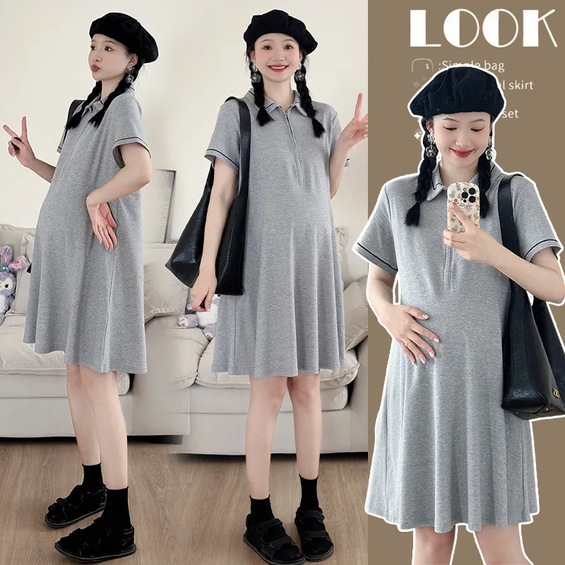 

Summer Maternity Dress - Petite Polo Neck T-Shirt Dress for Pregnant Women, Trendy Loose Fit Dress with Breathable Comfort
