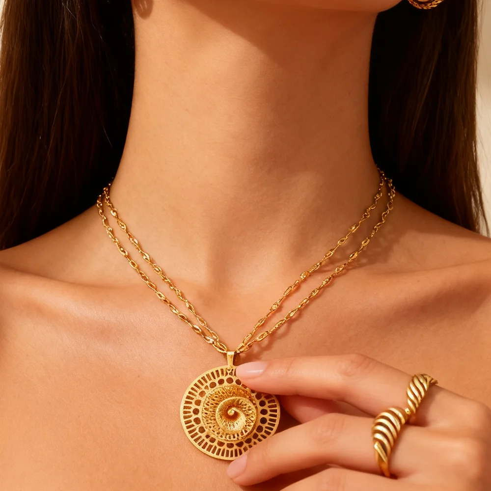 Vergoldetes Edelstahl-Halsketten- und Ohrring-Set für Damen, Modischer Persönlichkeits-Schmuck, Einfache Halsketten und Ohrringe als Geschenk – Detail 5