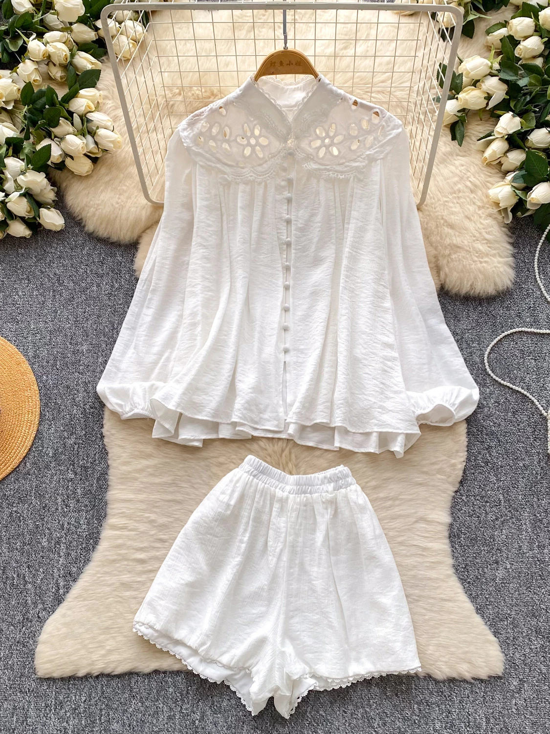 

Romantic Lace Hollow out Stand Collar Two Piece Set Women's Commute Style White Open Cardigan Elegant Ensemble Spring Autumn