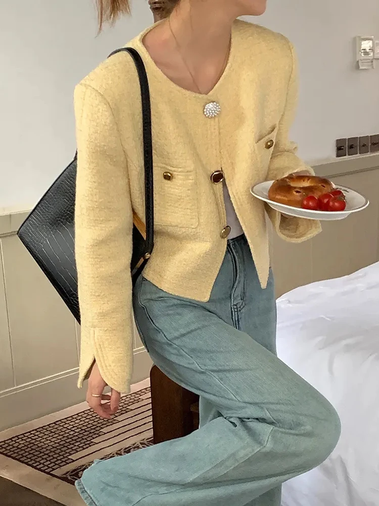 Jmprs Elegant Yellow Tweed Jacket Women Vintage Slim Long Sleeve Vintage Short Coat Fall French Causal Retro O Neck Female Tops