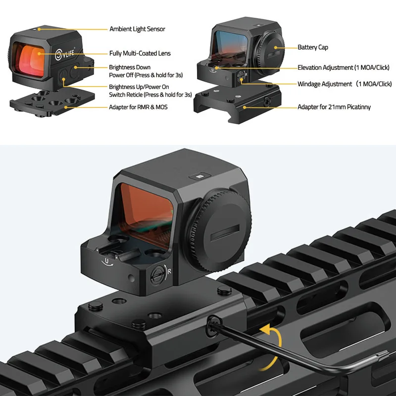 

WildHawk Enclosed Auto-Brightness Red Dot Sight RMS RMSc Circle 2MOA Dot Motion Awake For Compact Pistol For MOS RMR Picatinny
