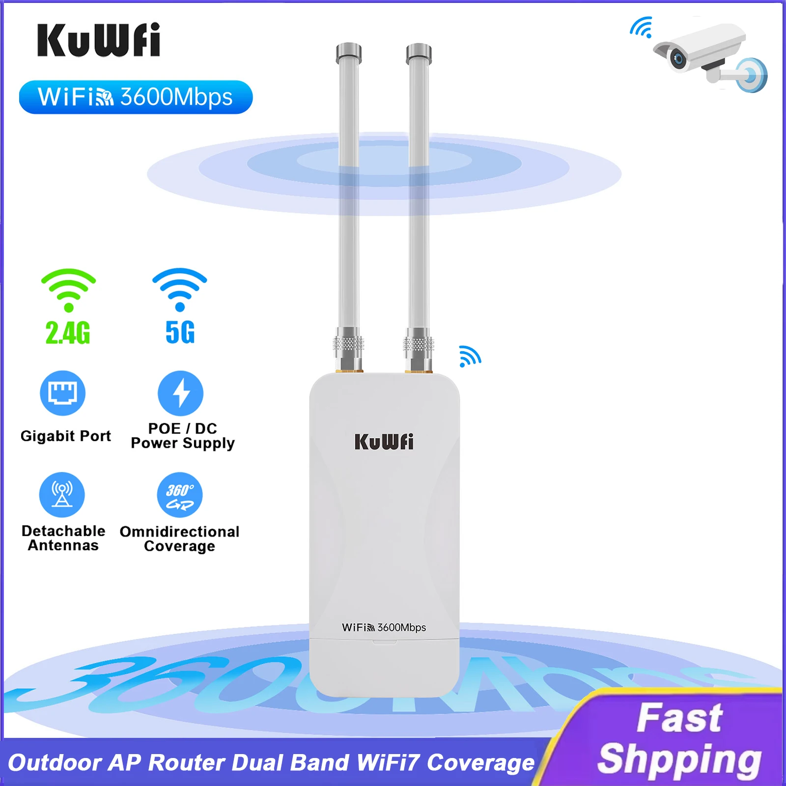 KuWFi 3600Mbps Outdoor AP Router Dual Band Wi-Fi7 Access Point Gigabit Ethernet Port 802.11be Support POE Power Solar DC IP65