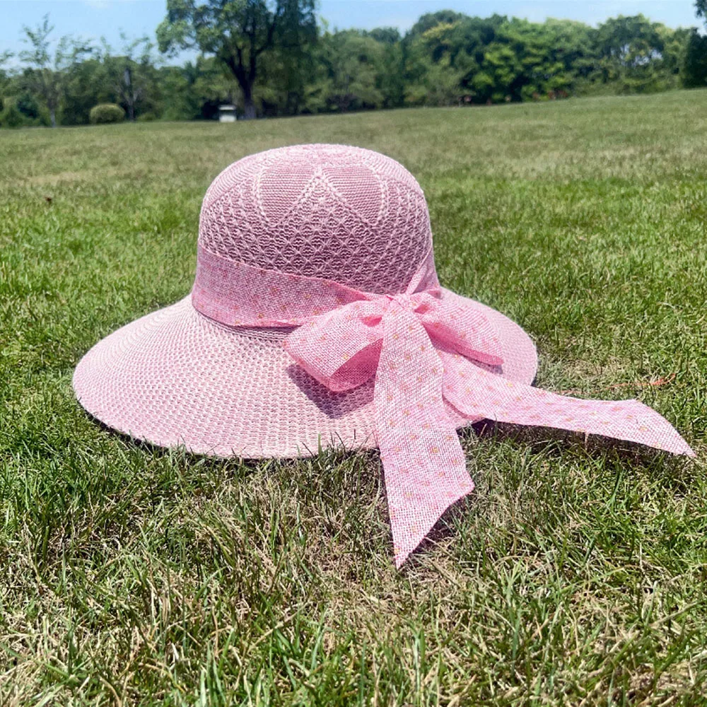 Fashion Foldable Wide Brim Sun Hat Girls Braided Straw Caps Ribbon Bowknot  Beach Hat Sun Protection Ladies Travel Summer Caps