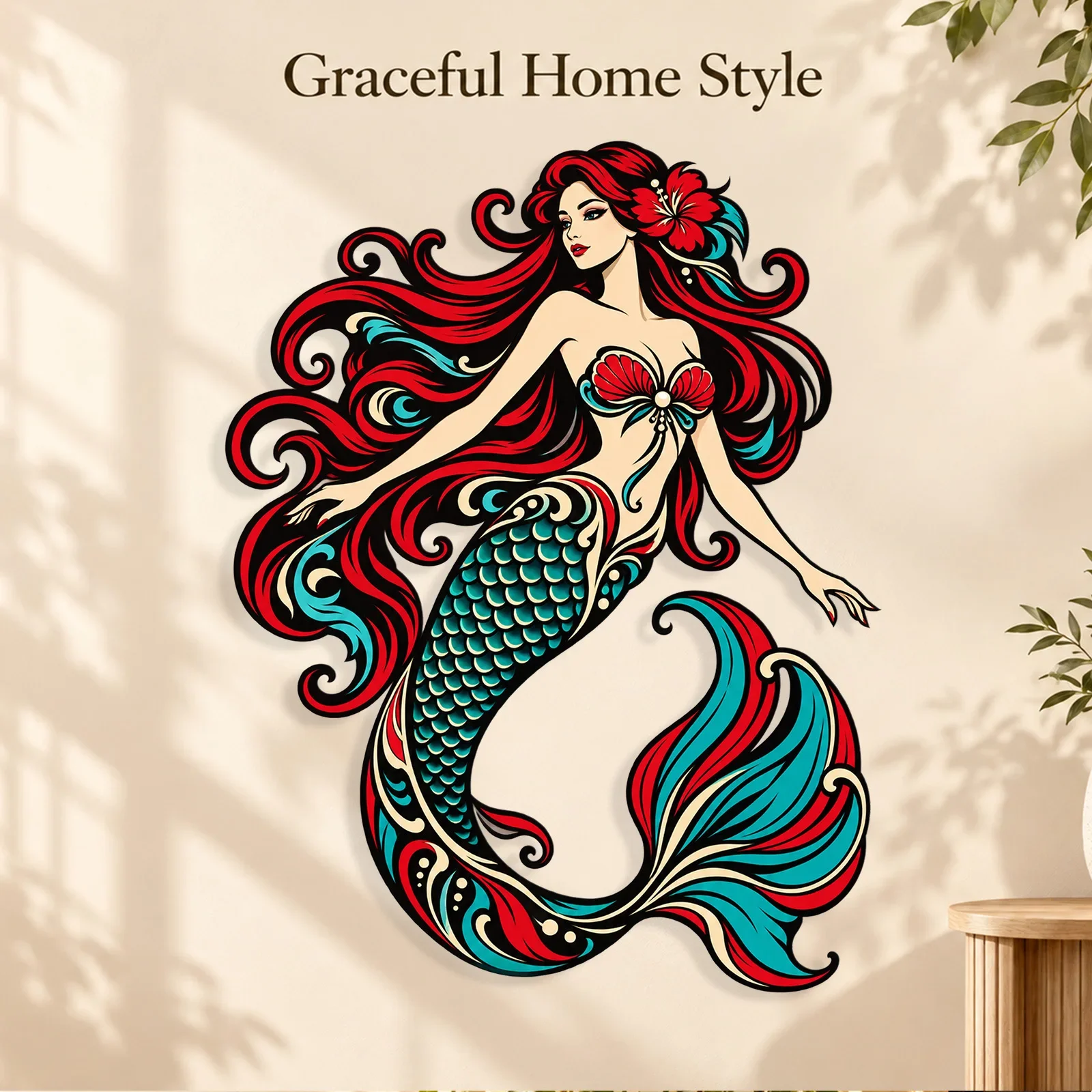 CIFBUY Iron Wall Art Red Turquoise Mermaid Siren Metal Fantasy Ocean Sculpture For Bedroom Bathroom Living Room Home Decor
