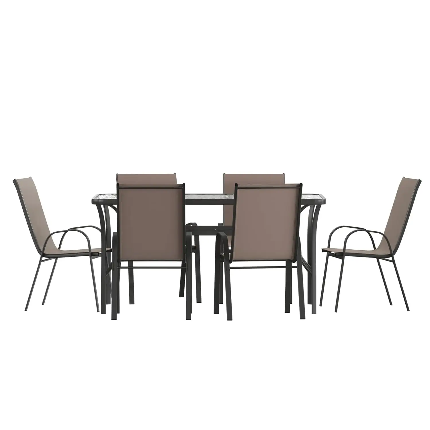 Outdoor Dining Set for 6, Glass Top Table with Umbrella Hole & 6 Stackable Textilene Patio Chairs, Brown/Black, Customized