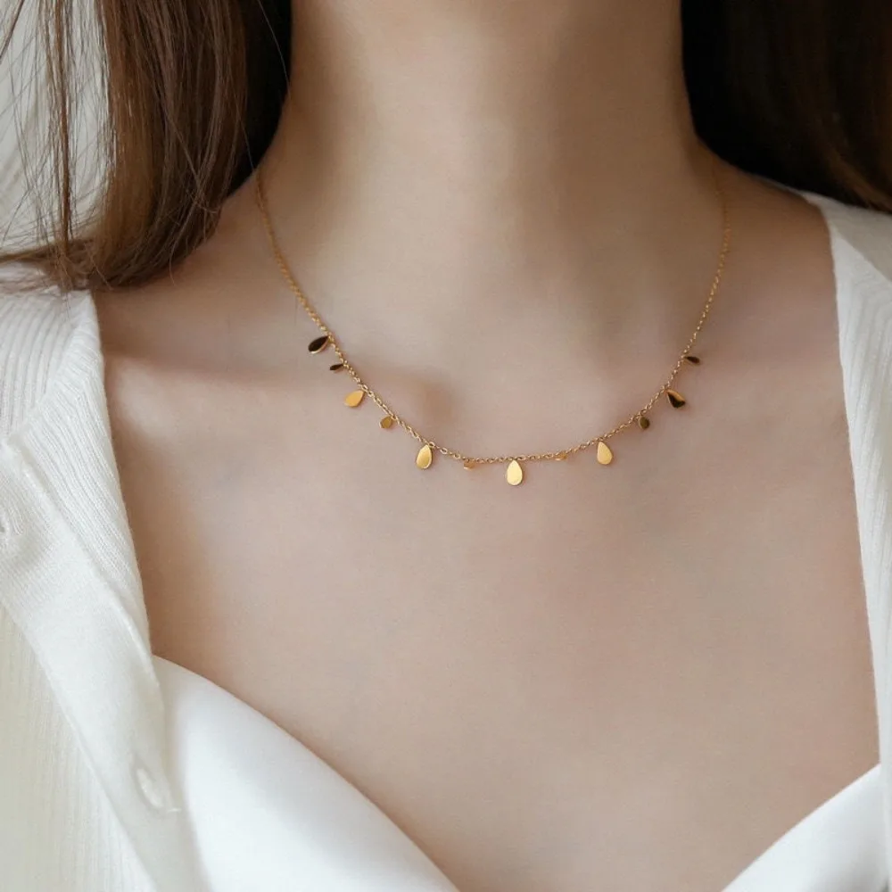 Stainless Steel Temperament Gold Color Water Drop Pendant Necklace for Women Luxury Geometric Clavicle Chain Jewelry Colorfast