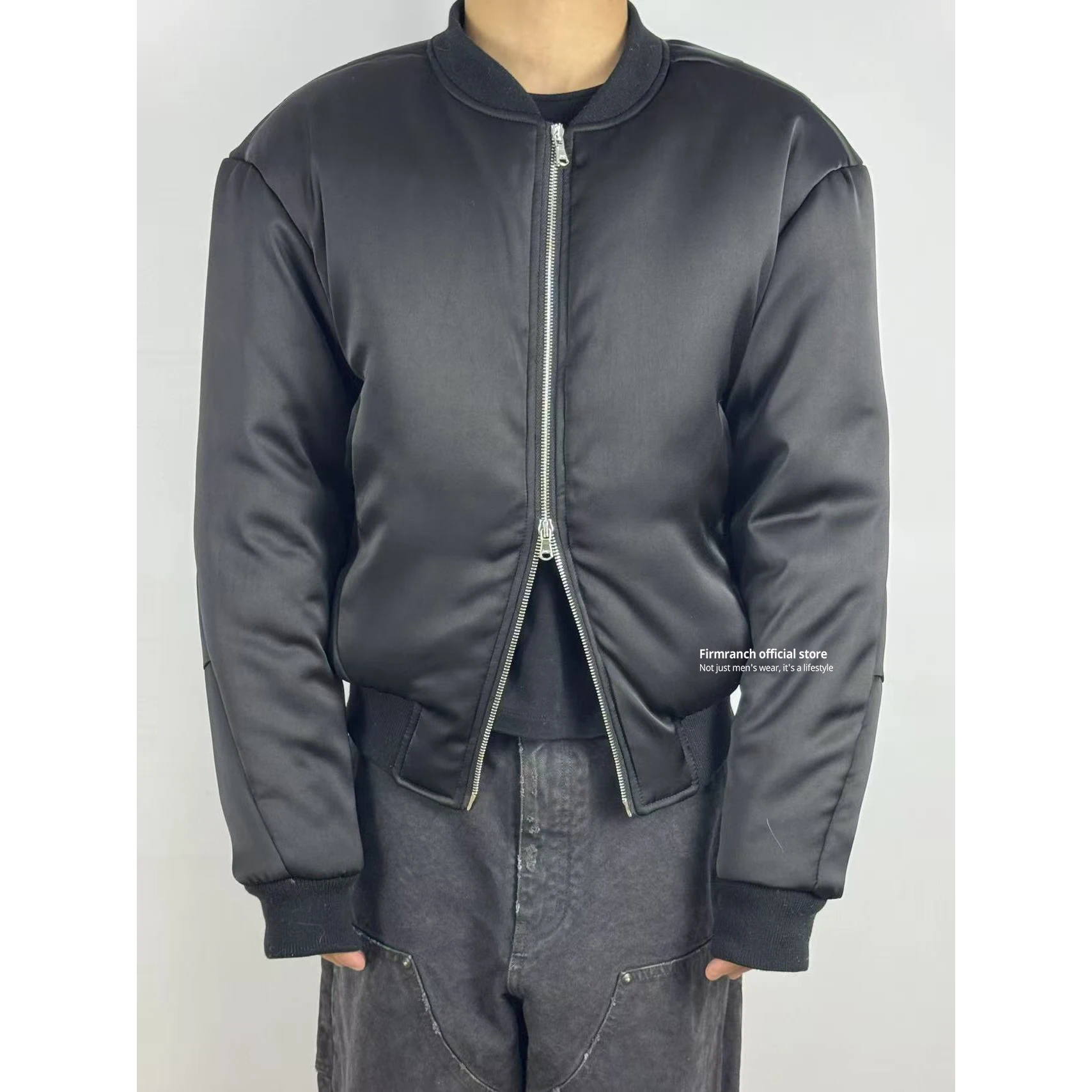 Firmranch 2026 American High Street Winter Black Satin Pillow Flight Jacket For Men Women Casual Short Zip-up Bread Bomber Coat