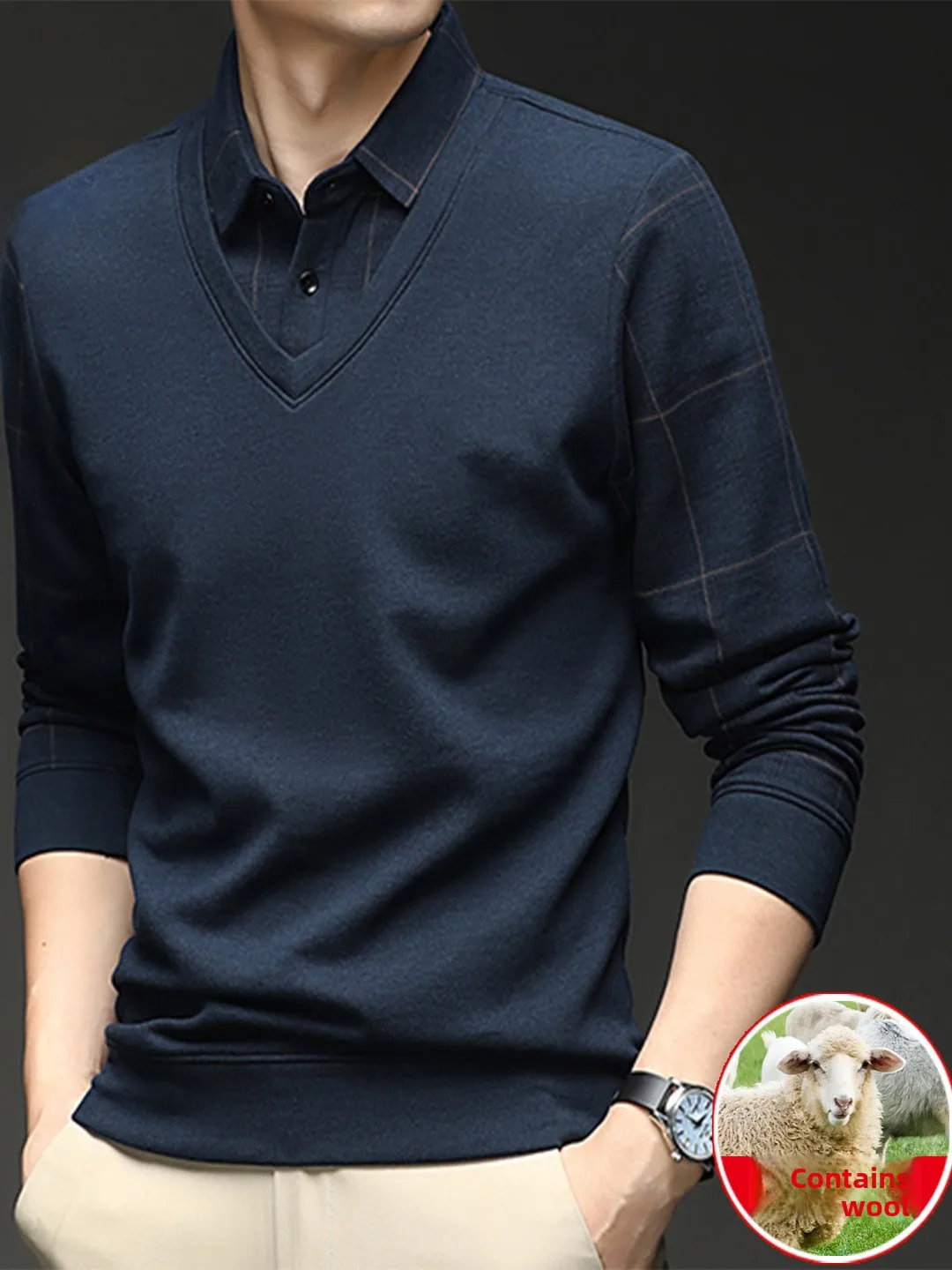 

High-End Men's Casual Long Sve irt Fake Two-Piece Warm Ne Design Autumn New Sle Busin Casual Wool Blend Knit...