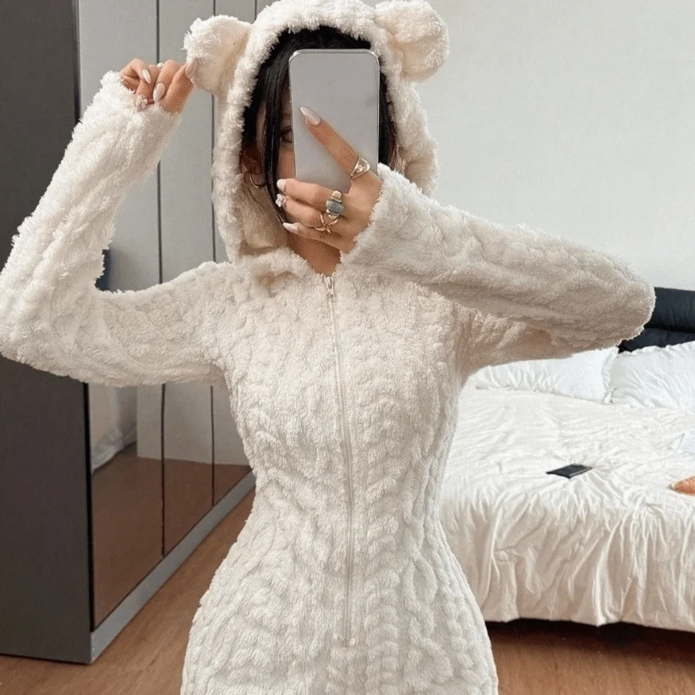 Gemütlicher Kapuzen-Overall, Schlafanzug, langärmelig, mit Schleife, Plüsch-Overall, Pyjama, Bärenohren, warmer, einteiliger Pyjama, Nachtwäsche – Detail 3