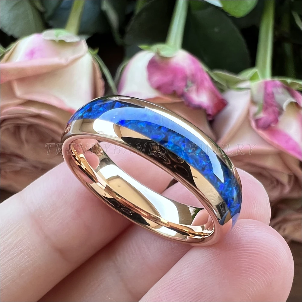 6 mm 8 mm Ringe für Männer und Frauen, Wolfram-Ehering, Modeschmuck, blaue Opal-Inlay, gewölbt, poliert, glänzend, bequeme Passform – Detail 17