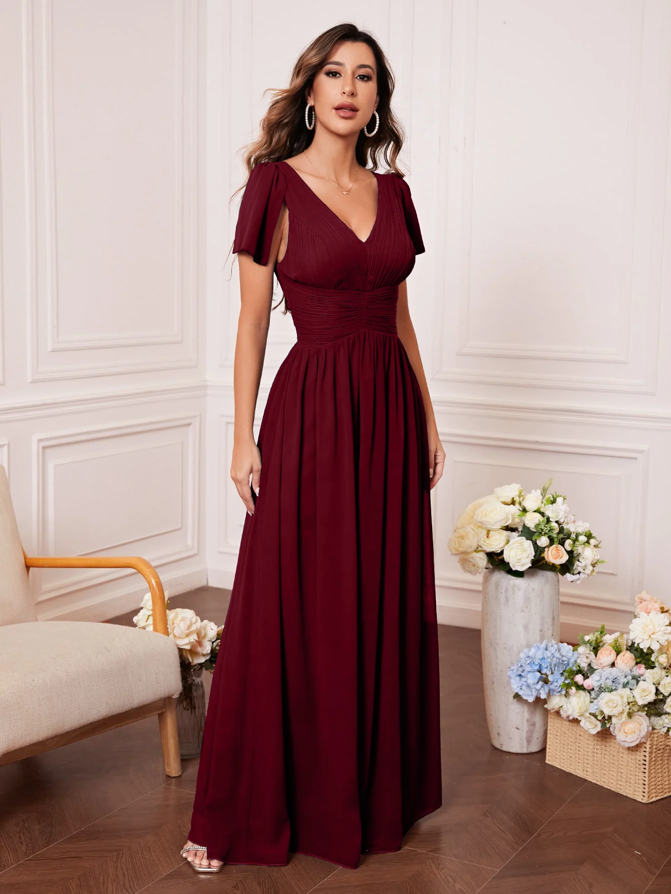 Unithorse V-Neck Pleated Short Sleeve Chiffon Elegant Long Formal Bridesmaid Dress