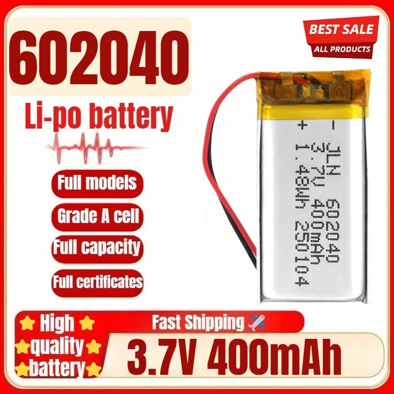 602040 3.7V 400mAh Polymer Lithium Rechargeable Battery for DIY Power Bank Bluetooth Speaker Solar Light LED Lamp Toys