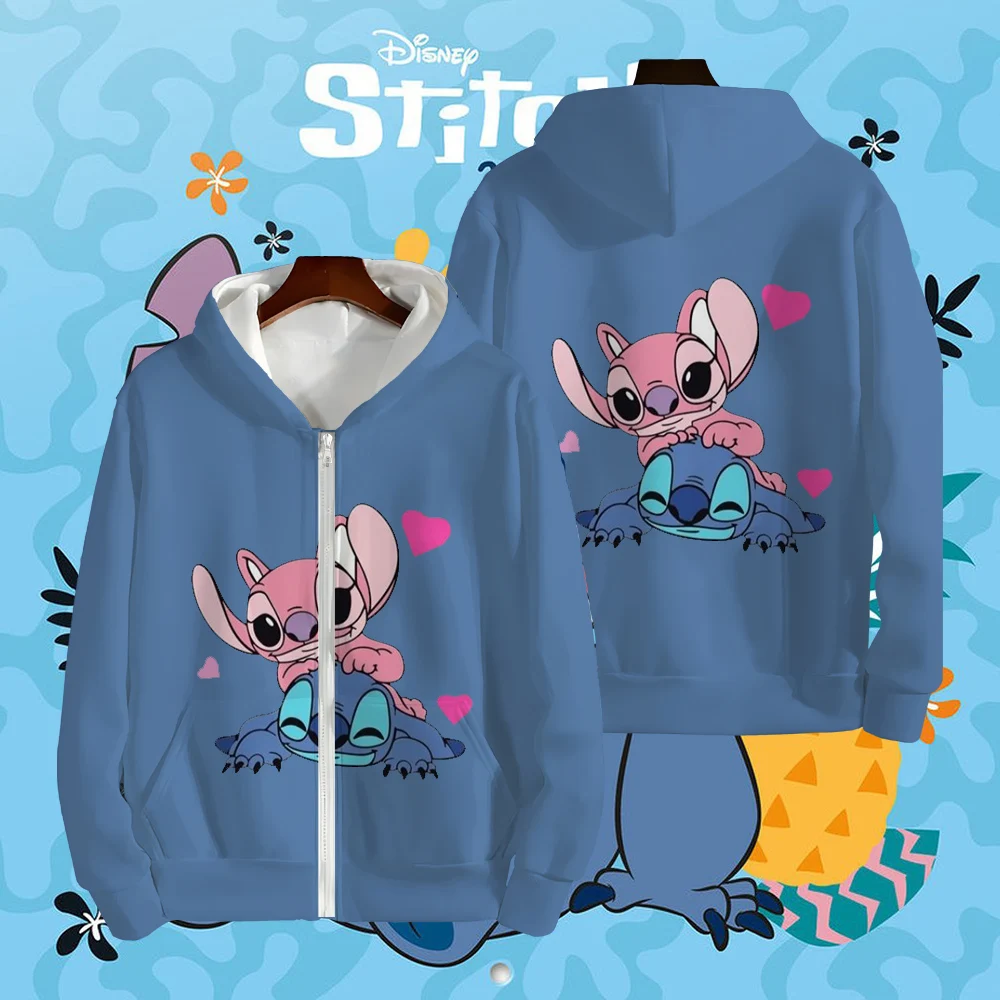 Zipper Design New Long Sleeves Sweatshirts Disney Stitch Pattern Printed Hoodies for Women Autumn Winter Warm Comfortable Coats