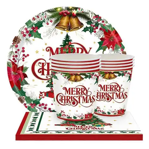 8pcs Red Green Christmas Paper Tableware Xmas Tree Plates Napkins Bell Noel Flower Merry Christma Decor 2027 Favor