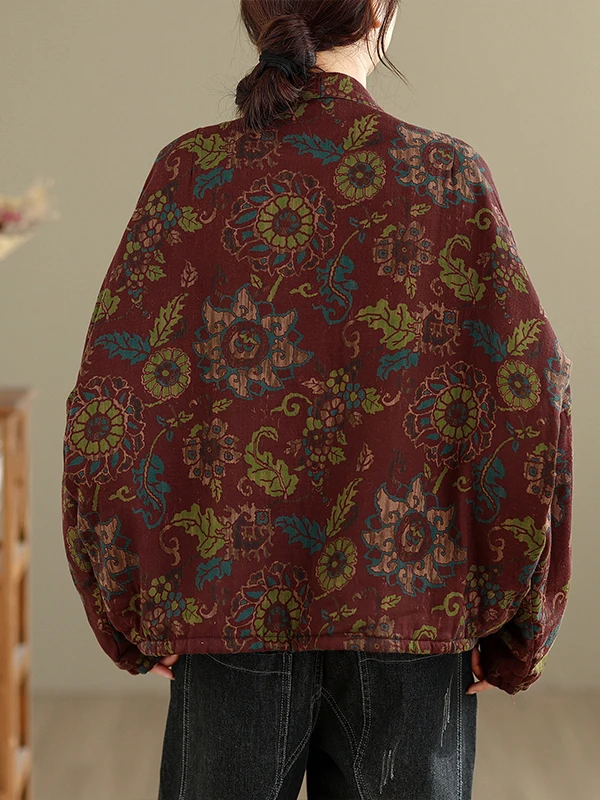 New Chinese Sle Floral Print Loose Fit Cotton Jaet Women's Winter Coat Button up Slimming Top V-Ne Long Sve Thiened