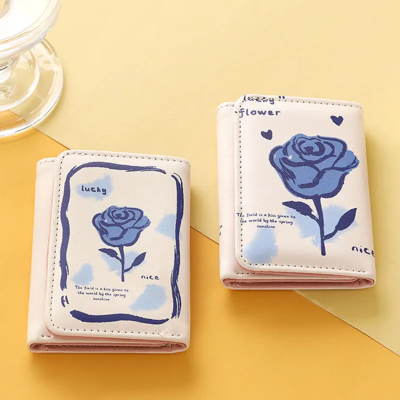 

Xiuya Elegant Rose Wallets for Women Cute Pu Leather Blue Fashion Casual Card Wallet Harajuku Female Aesthetic New Pretty Purses