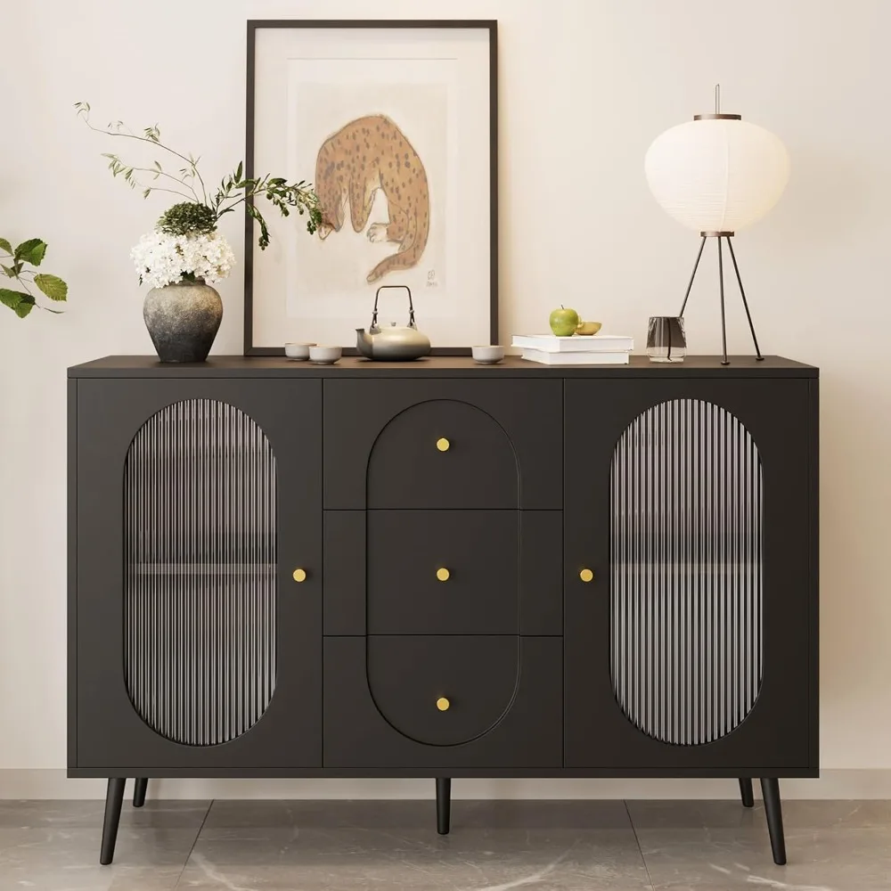 

Modern Buffet Sideboard Cabinet with Storage and 3 Drawers, Fluted Glass 2-Door, Elegant Credenza Storage Table for Dining Room