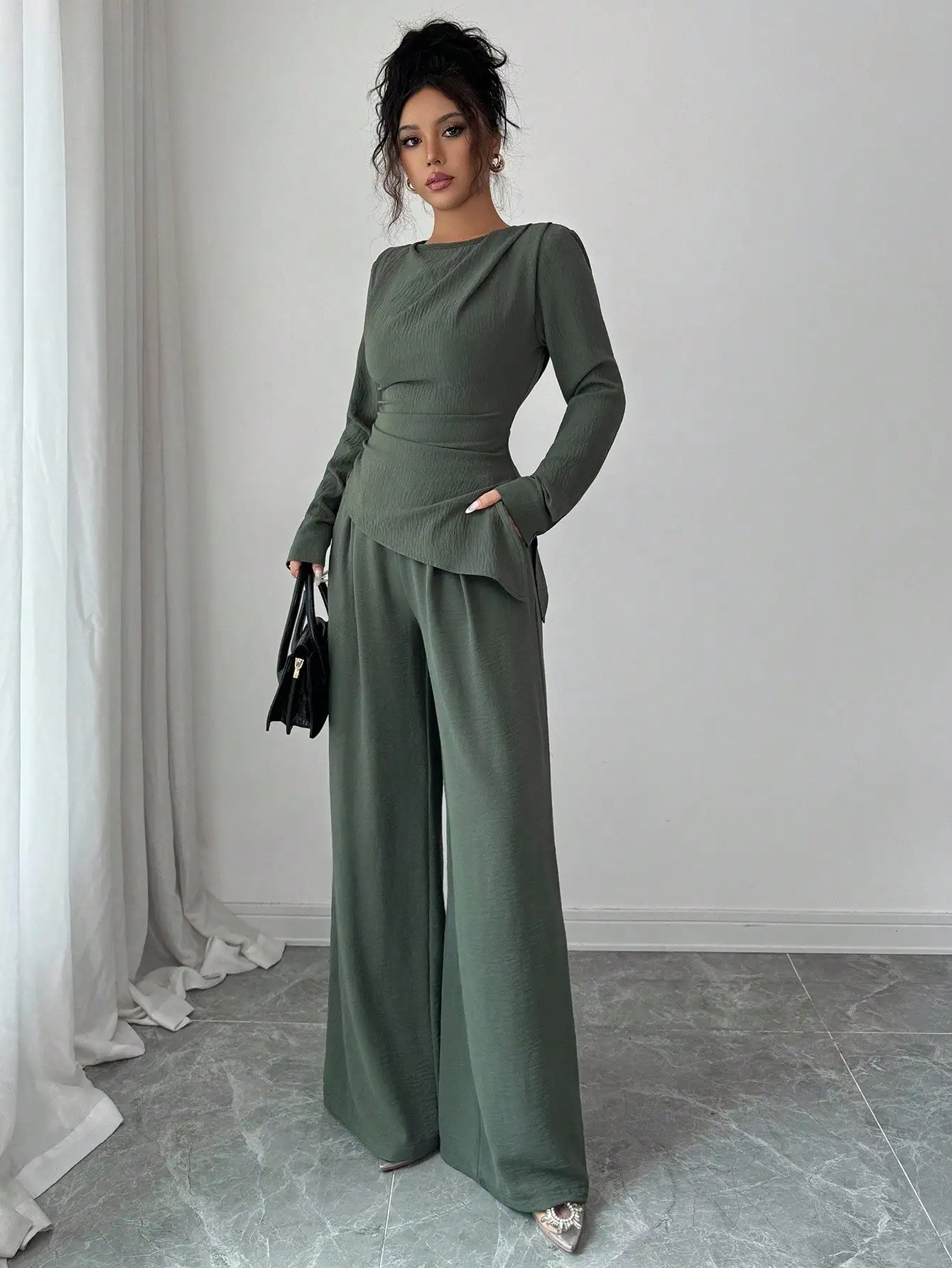 

Elegant Solid Green Asymmetrical Hem Long Sleeve 2 Piece Set Casual Office Outfit